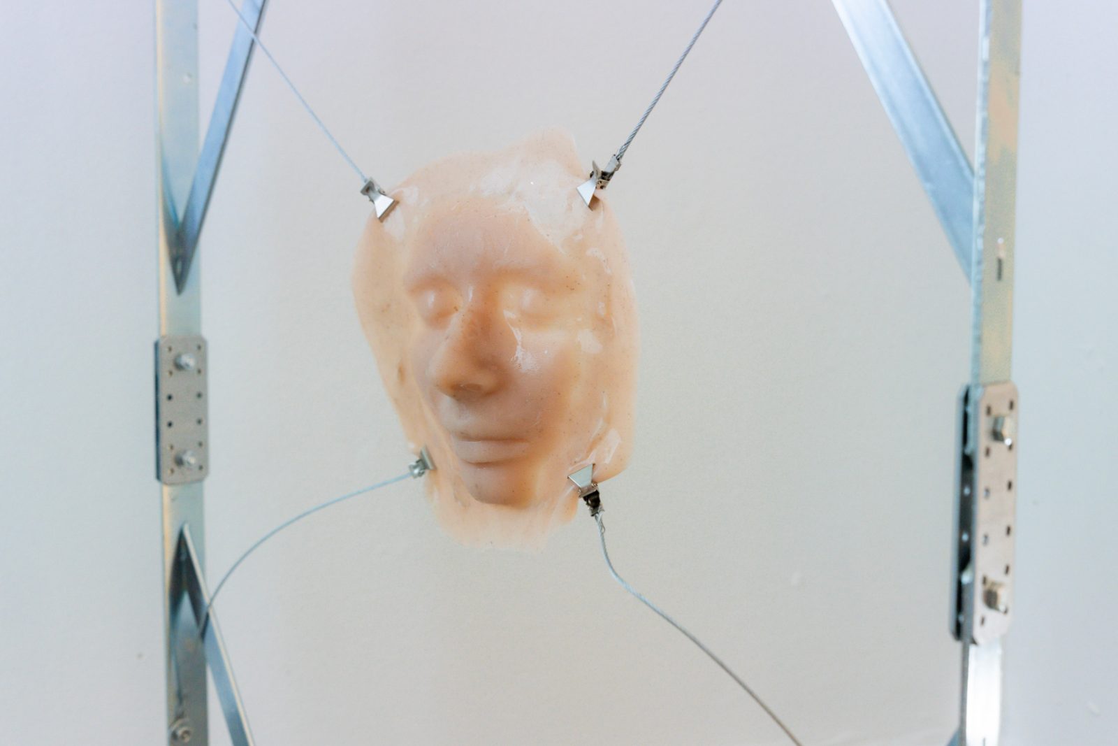 Face cast suspended between metal rods