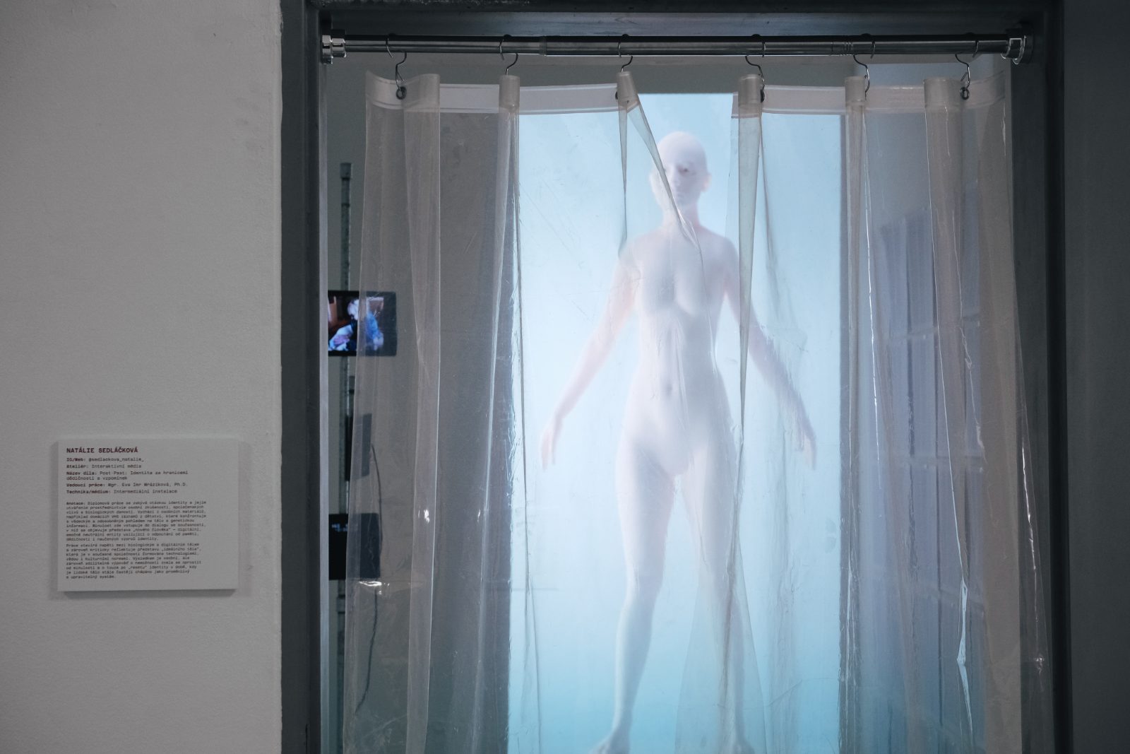 The installation seen from the gallery, a projected figure behind sheer curtains