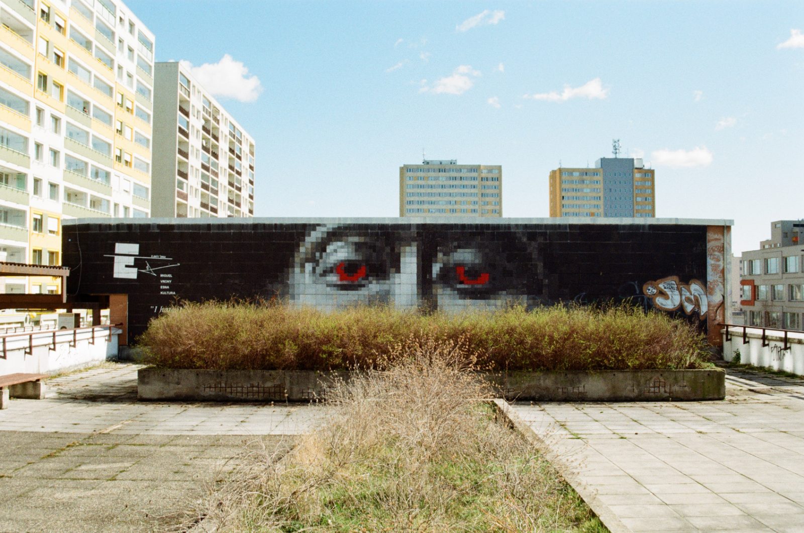 Mural of a pair of eyes on a wall with tower blocks behind