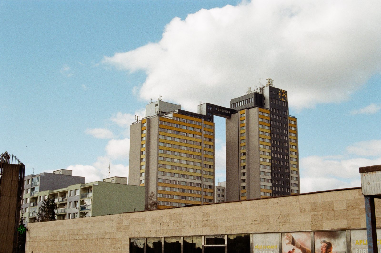 Tower blocks of Jižní Město under a cloudy sky