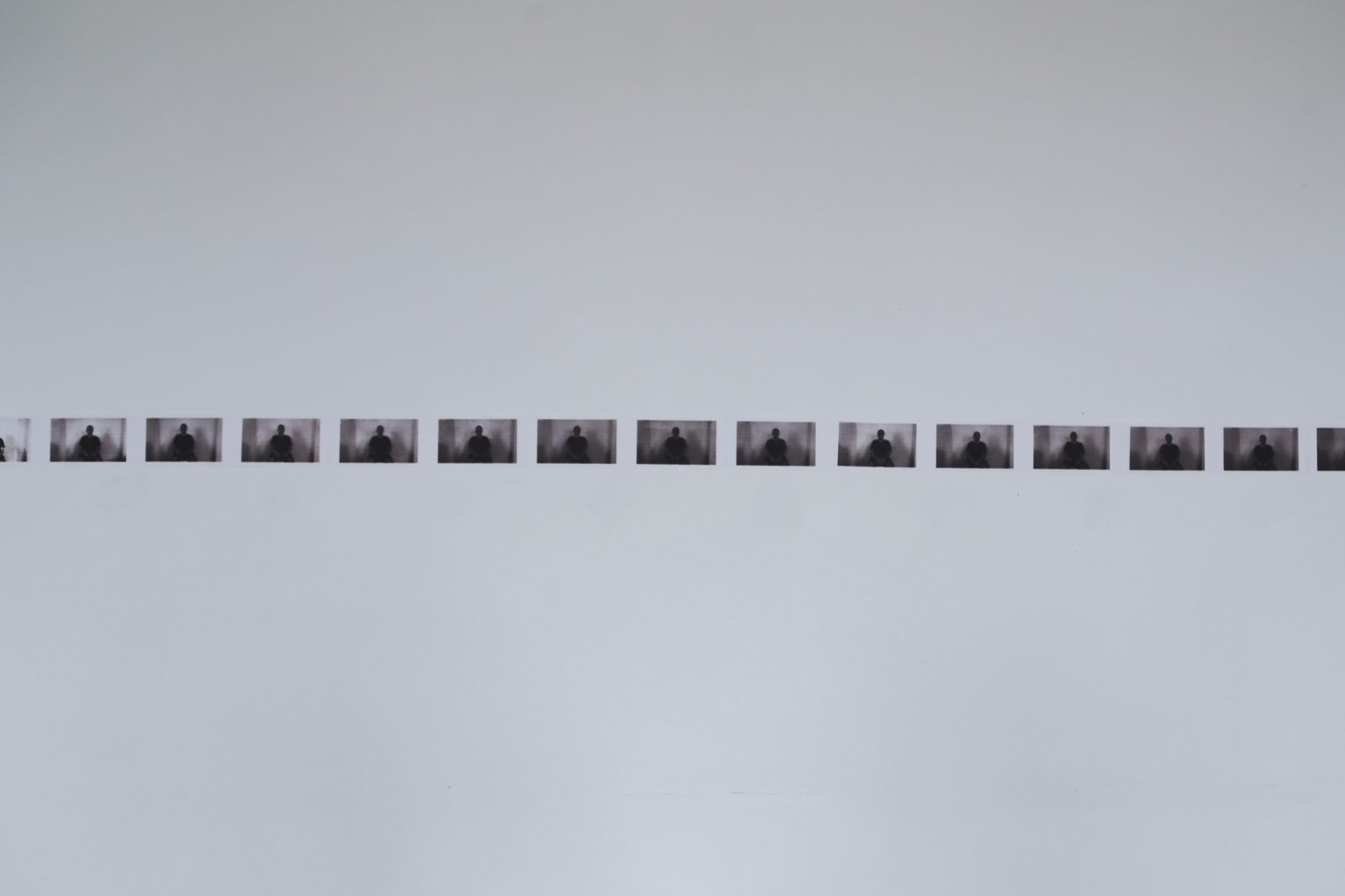The row of photographs on a long white wall